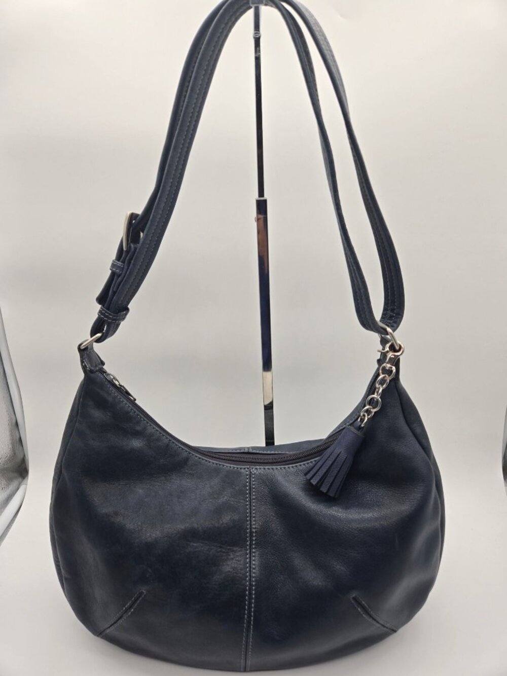 Tignanello Navy Blue Genuine Leather Thick Stitch Hobo Shoulder Bag